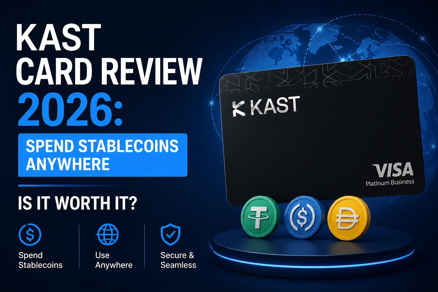 KAST Visa stablecoin card on a dark background showing crypto card spending interface